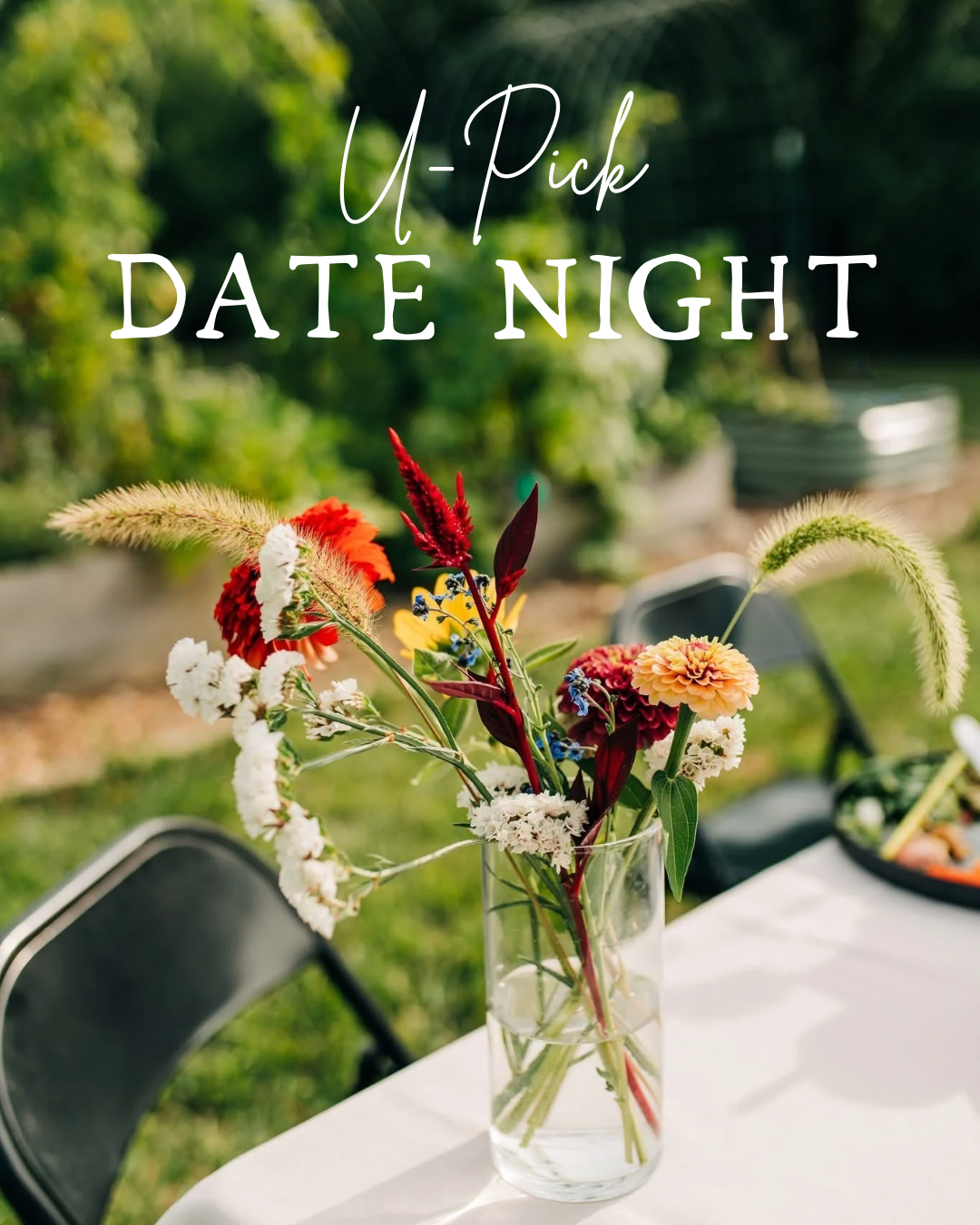 Vase of flowers on a table with 'U-Pick Date Night' text overlay